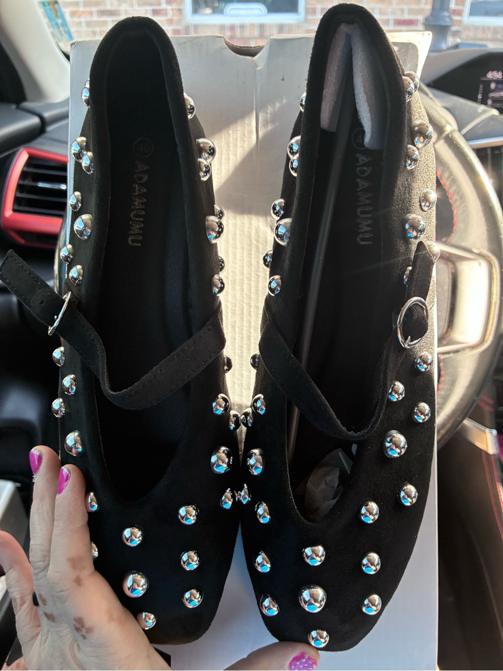 Black Studded Mary Jane Flats with Silver Accents